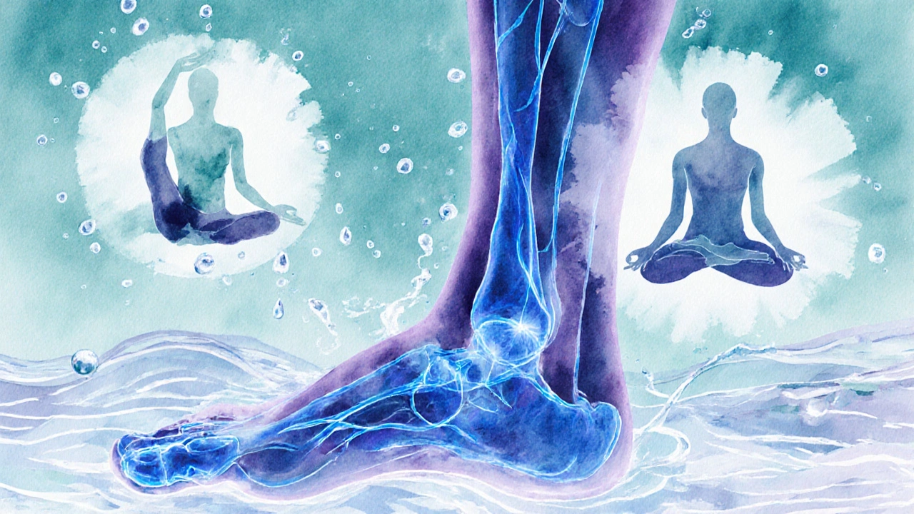 Abstraktní výzdoba nohy s žilami a jógovými pozicemi v pastelových tónech.