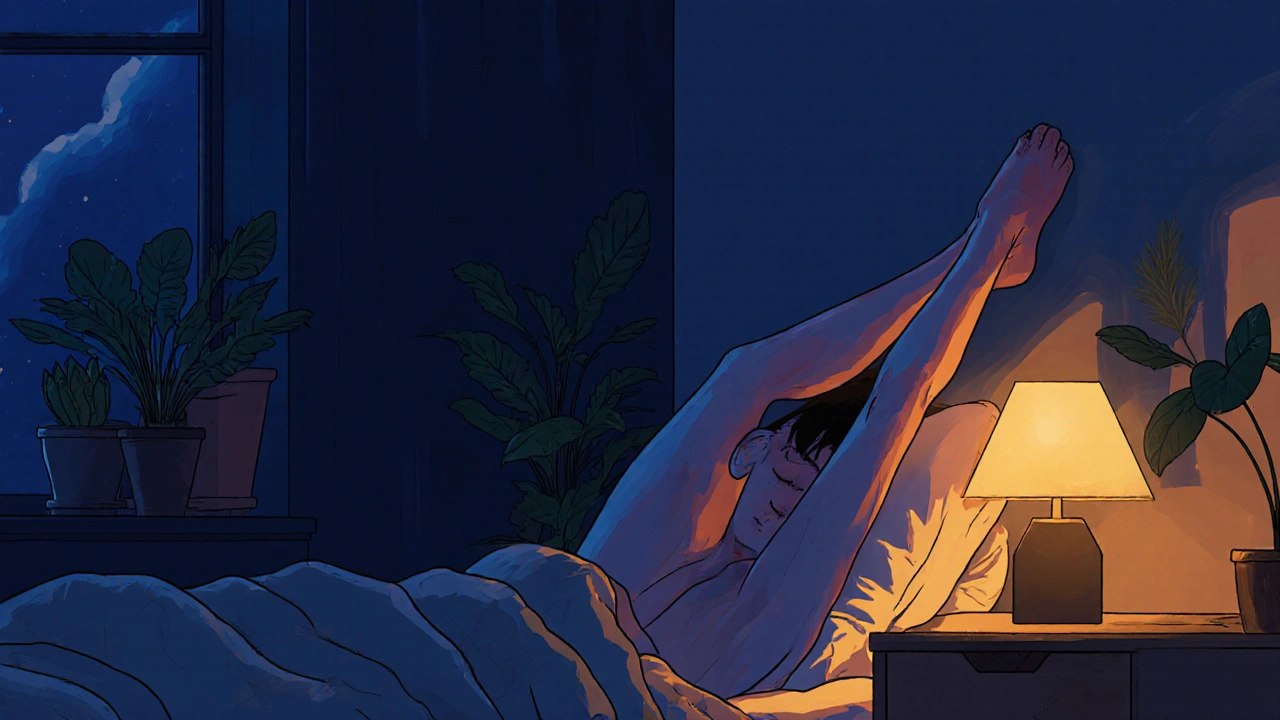 Osoba cvičí večer s nohama na zdi v klidném prostředí s teplým osvětlením.