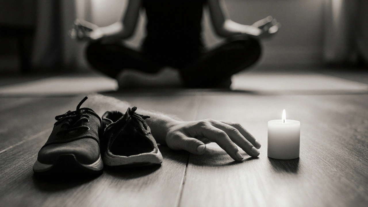 Rukavice a boty na podlaze, svíčka a postava v poloze dítěte v pozadí, klidná atmosféra.