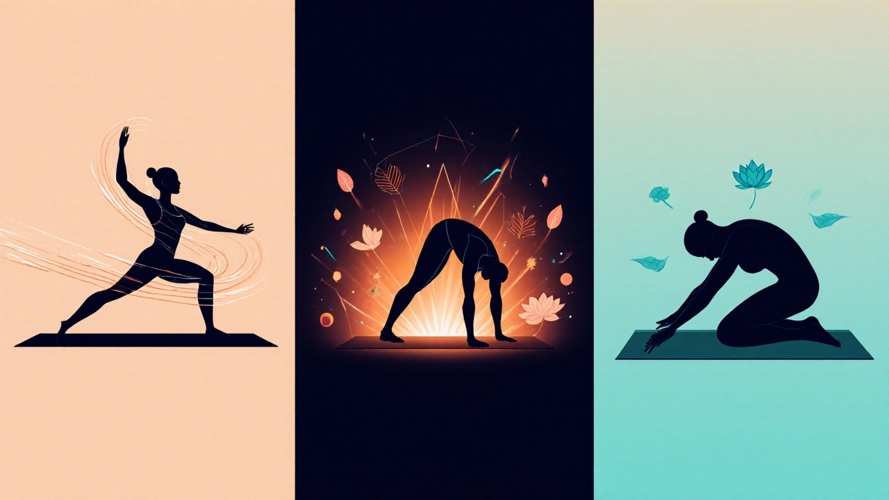 Tři jogíni – Vinyasa, Power Yoga a Hatha – v různých pózách, zobrazující odlišnou intenzitu cvičení.