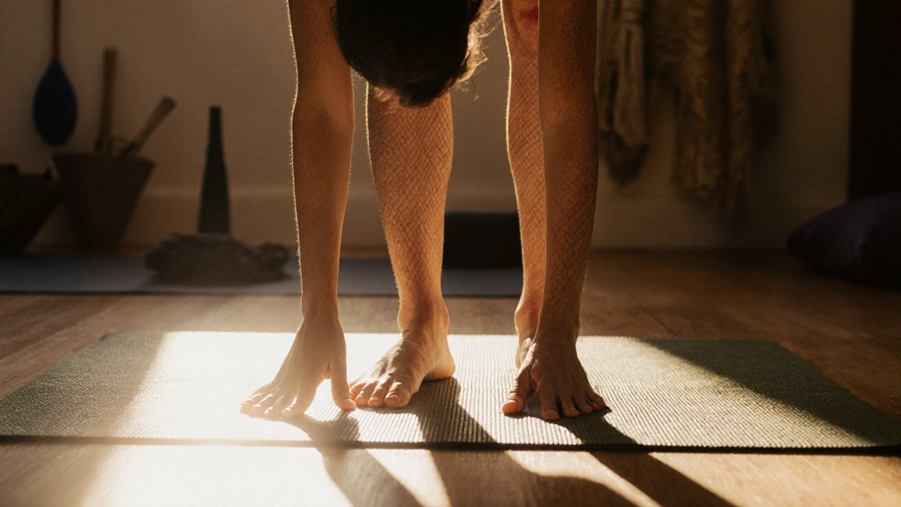 Žena v předklonu Uttanasana na jógové matě s viditelnými žilami na nohou.