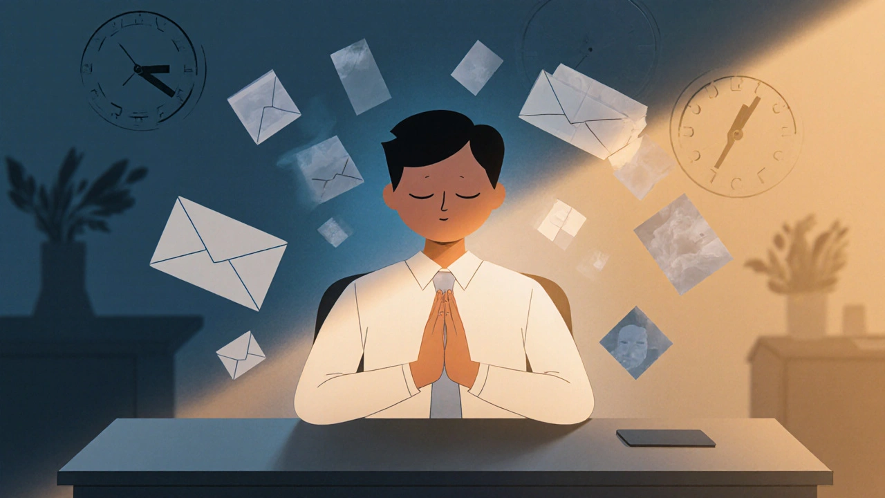 Osoba dýchá boxovým dýcháním u počítače, stres se rozptýlí v obrazu.