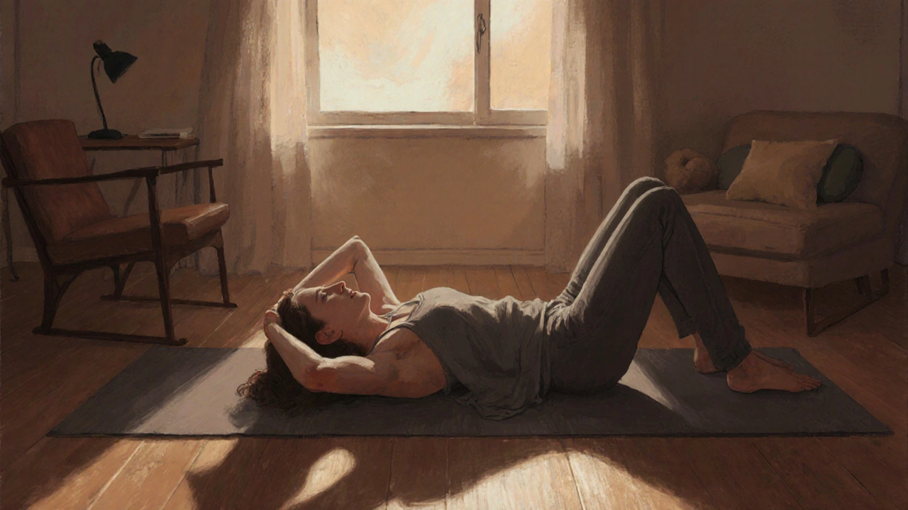 Osoba leží v savasaně s nohama na židli ve večerním světle.