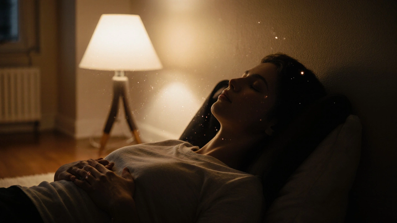 Osoba leží večer s nohama na zdi, klidně dýchá v tichém prostředí.