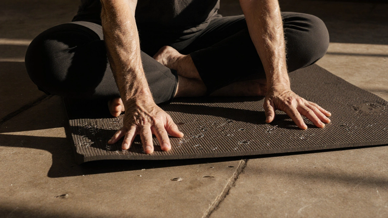 Rukou ukládaná přírodní kaučuková podložka na betonovou podlahu s pohledem na cvičícího.