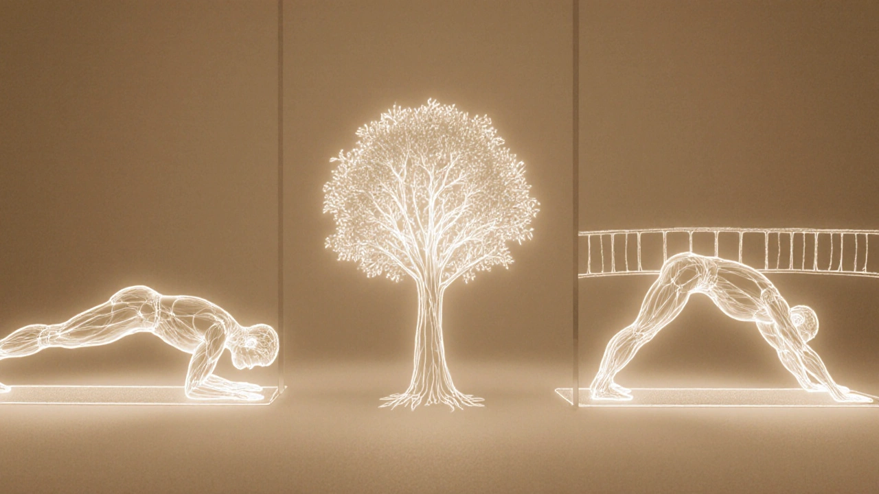 Tři jóga pozice – dřep, strom a most – znázorněny jako siluety s důrazem na svalovou aktivaci.