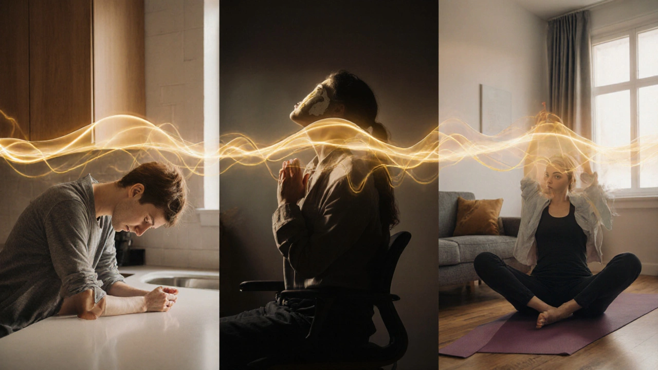 Tři lidé dělají krátké jógové cvičení v různých prostředích — v kuchyni, na práci a doma.