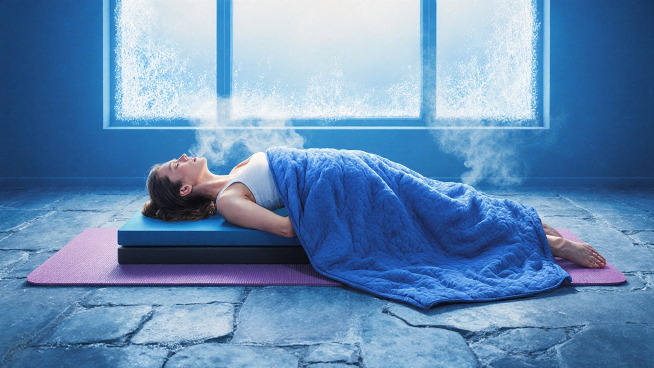 Žena v mrtvé poloze na podložce s teplou plachtou, za oknem je zima a mráz.