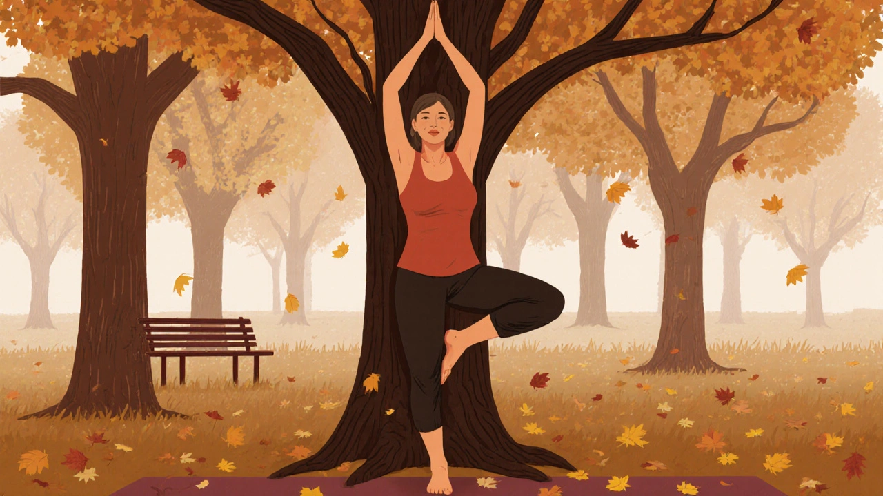 Žena ve věku 40 let stojí v pozici stromu v parku během podzimu.