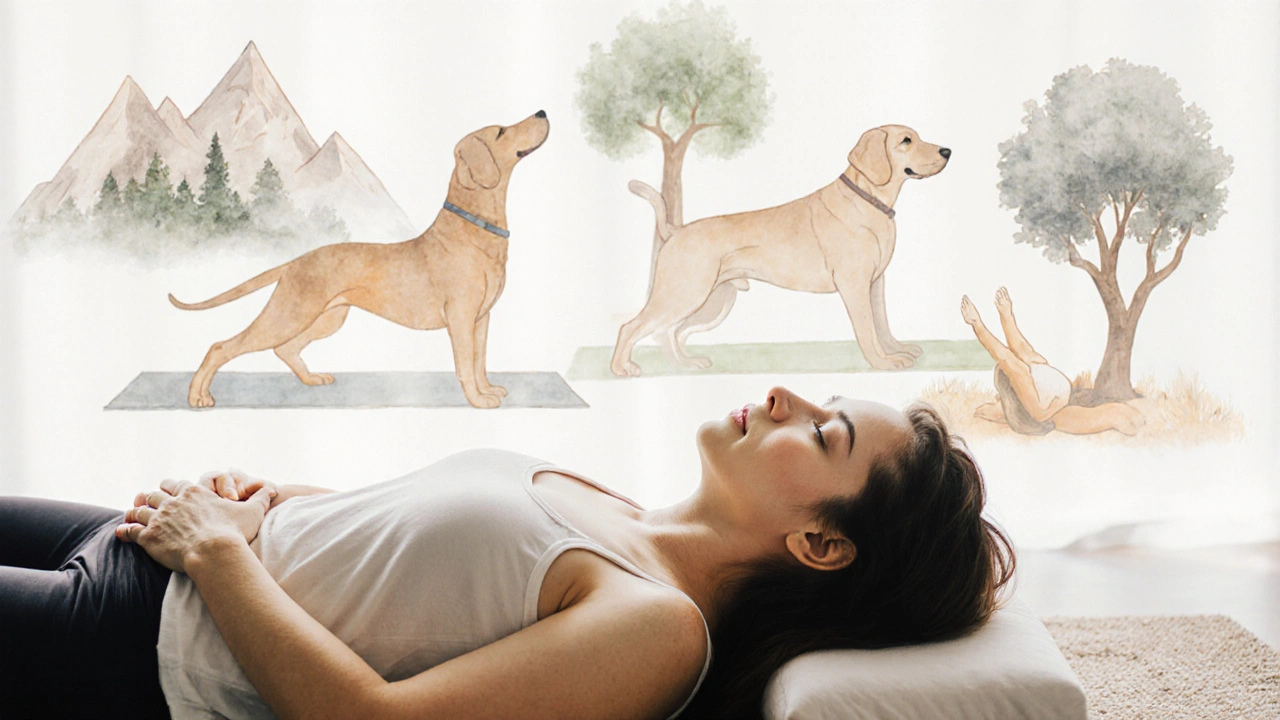 Zkušený praktikující leží v Savasana, kolem něj jsou jemné stíny pozic jógy.