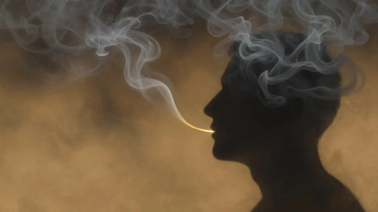 Abstraktní obraz myslí plného vřavy, kterou uklidňuje zlatý proud dechu.