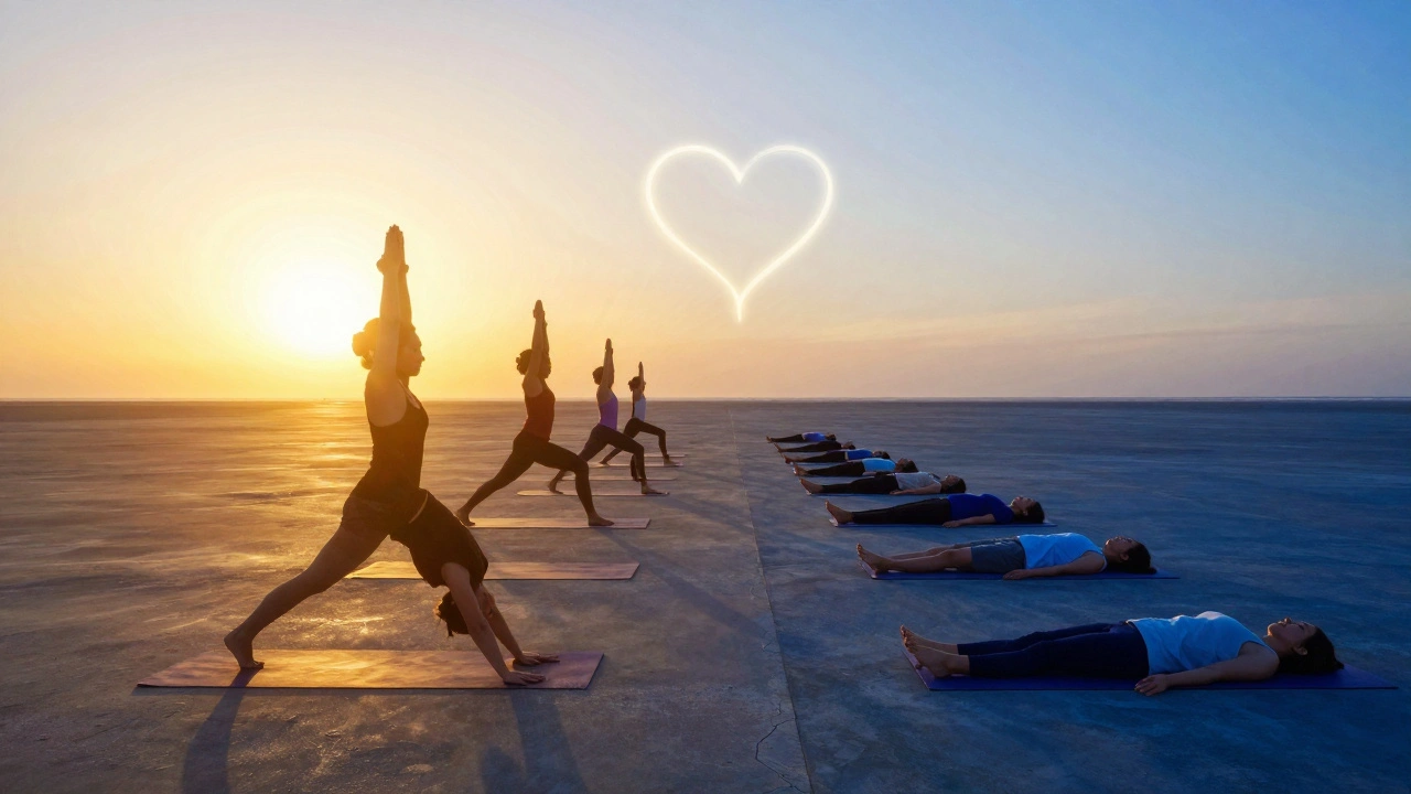 Dvě cesty – ráno a večer – se spojují v symbolu dechu, znázorňující pravidelnost jógy.