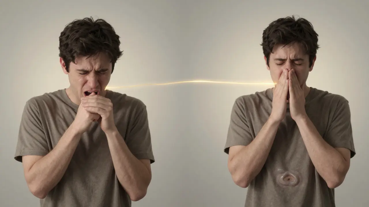 Dvě scény: jedna s kašlem a napětím, druhá s klidným dýcháním — přechod od stresu k uvolnění.