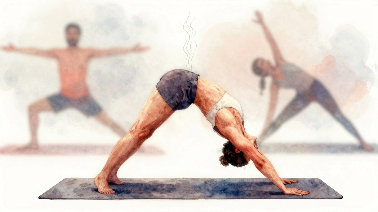 Jedna osoba v pohybu z Upward Dog do Downward Dog, vizuálně znázorněný dech a svalové napětí.