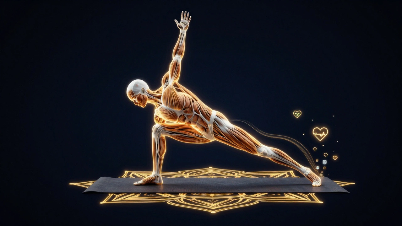 Konceptuální silueta vykreslená jako svaly a energie, provádějící sérii jógy s zářícími liniami pohybu.