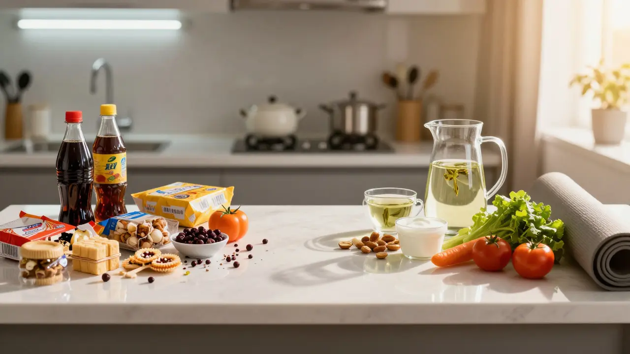 Kuchyňský counter s rozdělením: špatné potraviny vlevo, zdravé vpravo s jogurt a vodou.