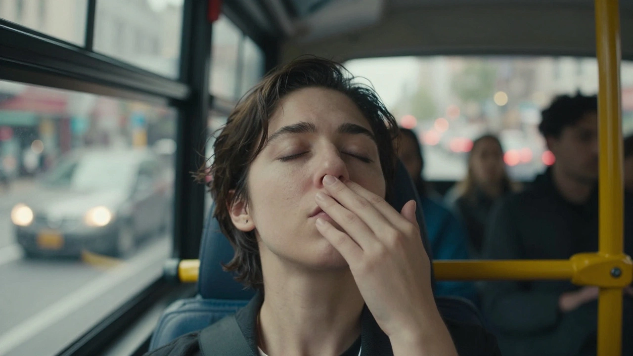 Osoba dýchá přes jednu nozdru v autobuse, klidně v centru města.