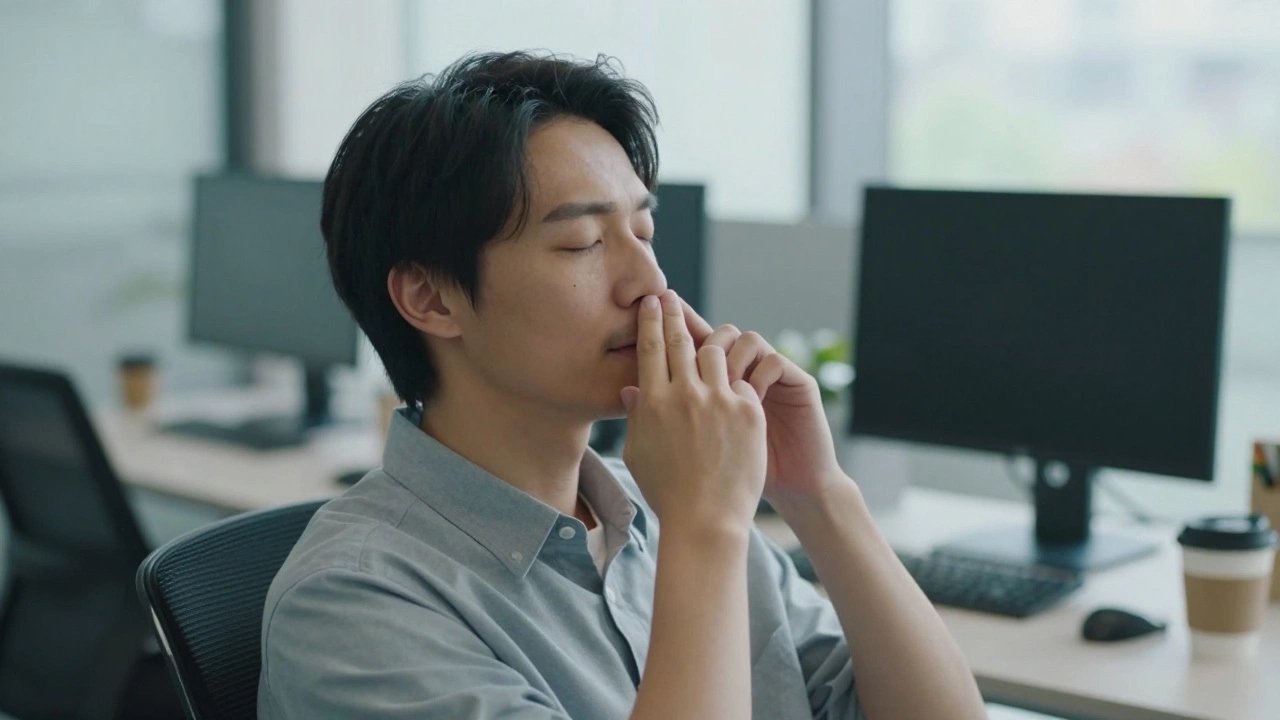 Osoba dýchá střídavě nosem v kanceláři, oči zavřené, klidný výraz.