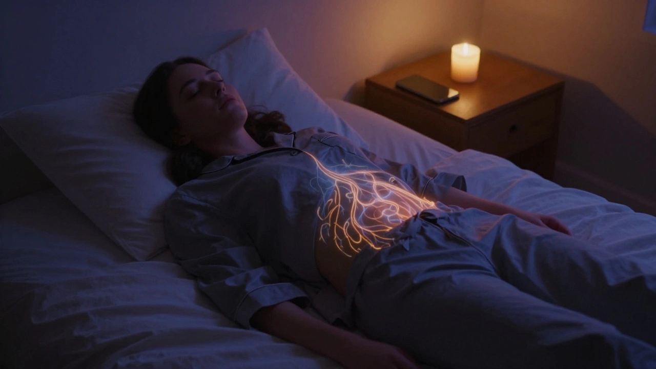 Osoba leží v posteli večer, pomalu dýchá, jemné světlo kolem břicha.