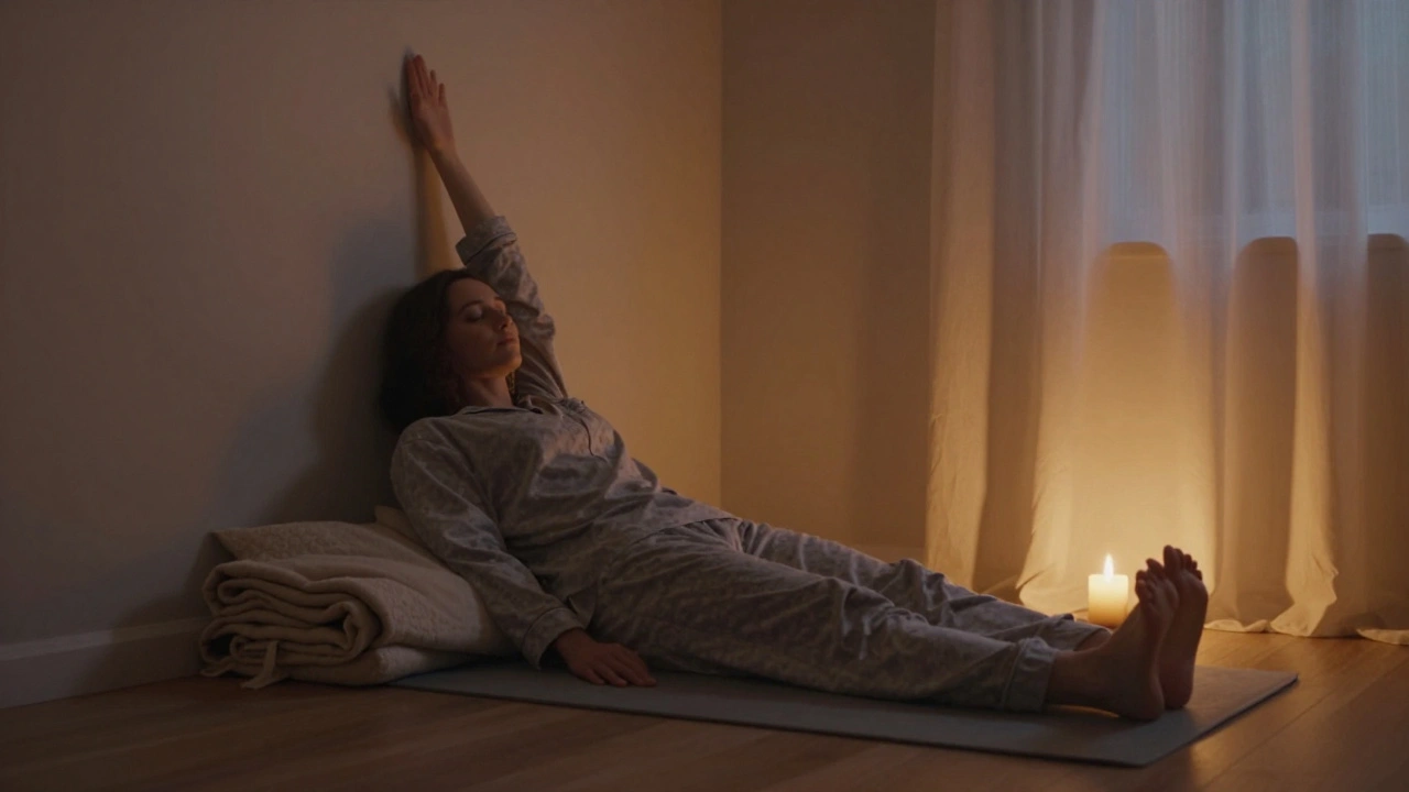 Osoba odpočívá večer v póze nohy na zdi, teplé osvětlení a svíčka vytvářejí klidnou atmosféru.