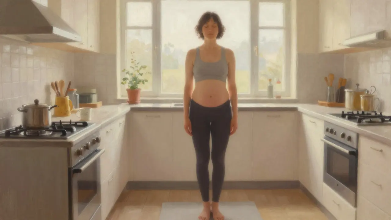Osoba stojí na jedné noze v kuchyni, klidně dýchá a udržuje rovnováhu.