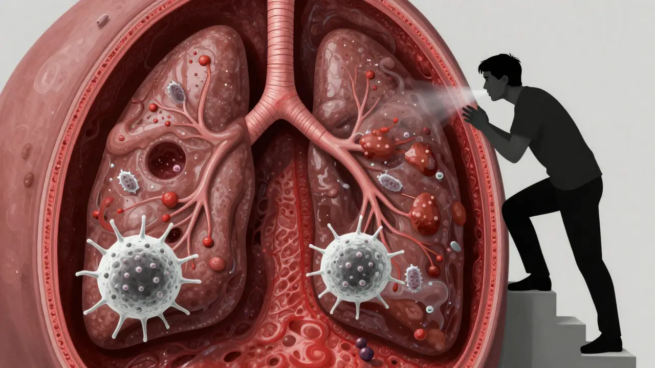 Průřez plicí s naplněnými hlenem a hnisem plicními sklípky, bílé krvinky útočí na bakterie.