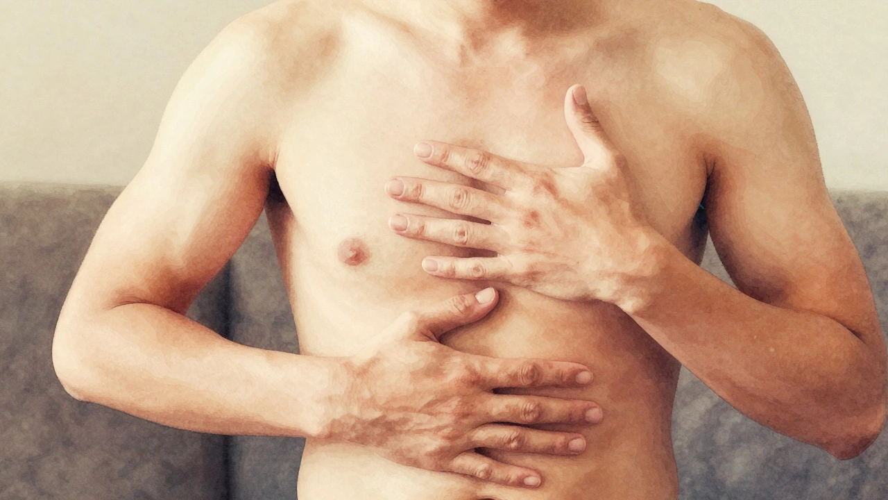 Ruce na břiše a prsou během dýchání – jedna se zvedá, druhá zůstává klidná.