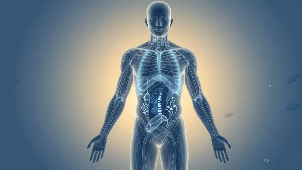 Silueta těla s grafickým znázorněním hormonálních změn při józe.