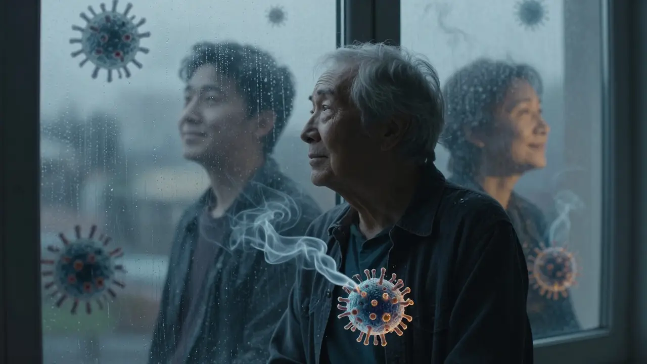 Starý muž se dívá do okna, jeho odraz ukazuje zdravou verzi sebe sama, z jeho hrudníku se vynořují kouřové útvary bakterií.