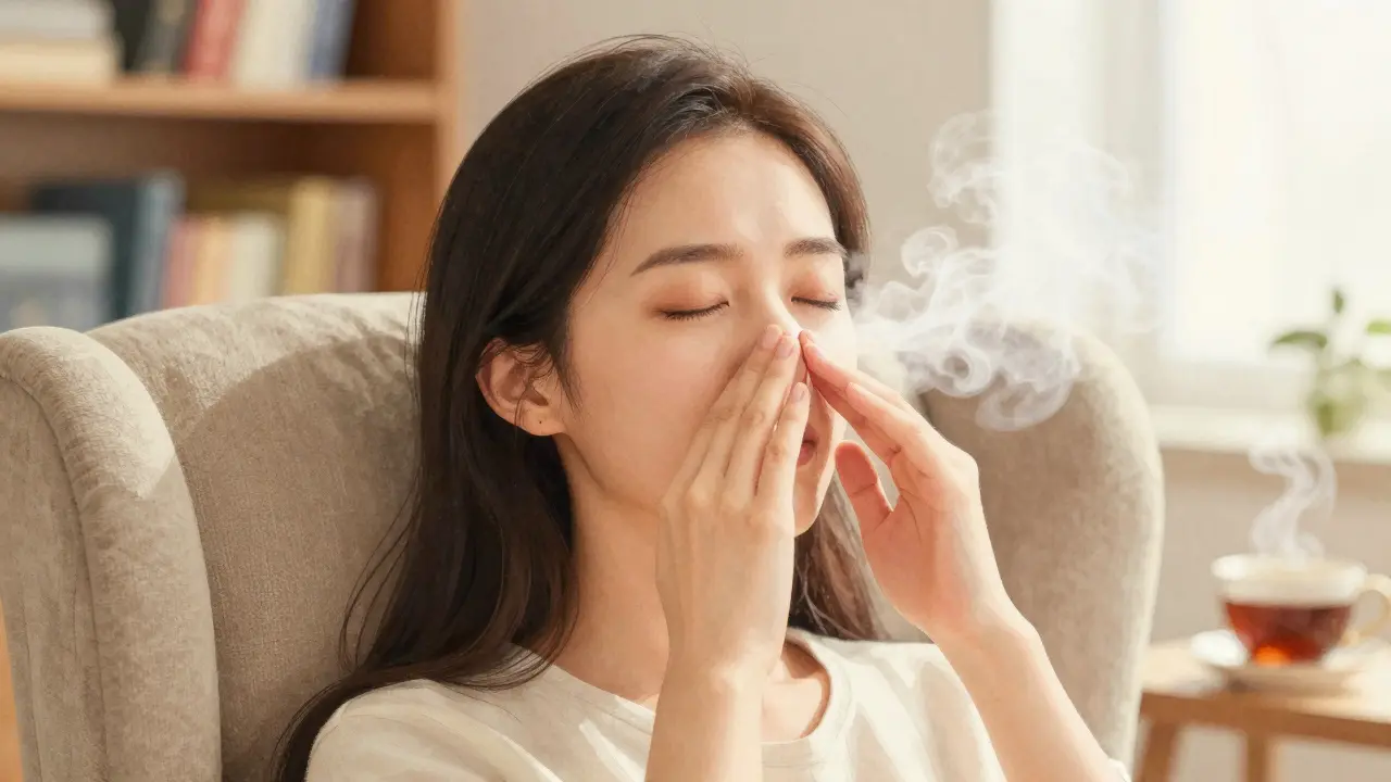 Žena dýchá šumivě nosem s lehce přitlačeným nosním křížkem, klidně sedí v křesle při teplém světle.