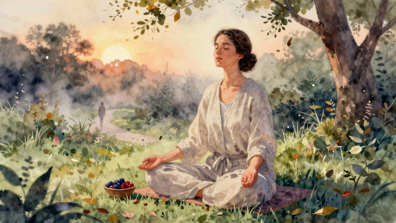 Žena dýchá v zahradě ve večerním světle, klidně a s očima zavřenými.