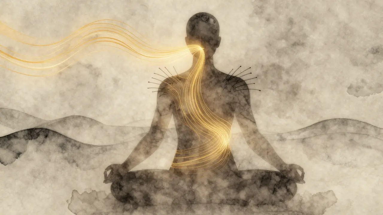 Abstraktní znázornění dechu jako zlatých vláken proudících do břicha.