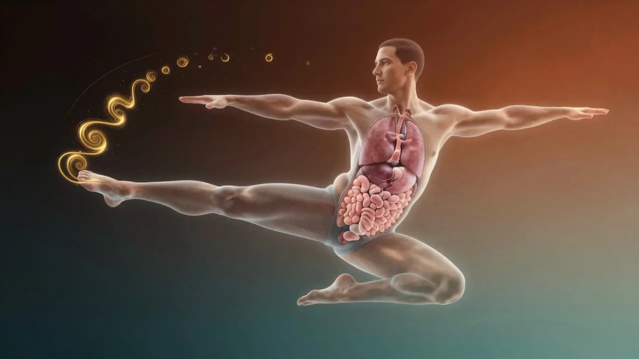 Člověk v pozici Vojáka III, jedna noha rovnoběžně se zemí, zlaté spirály kolem těla symbolizují snížení stresového hormonu.