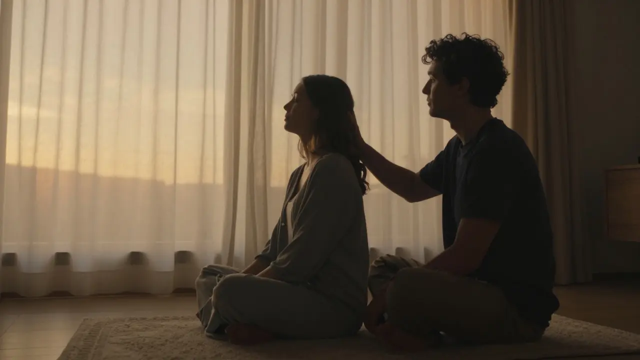 Dvě osoby dýchají současně a synchronizovaně, jedna vedle druhé.