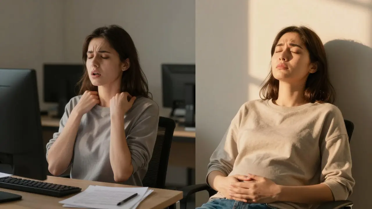 Dvě strany jedné osoby: napjaté dýchání ústy vs. klidné břišní dýchání.