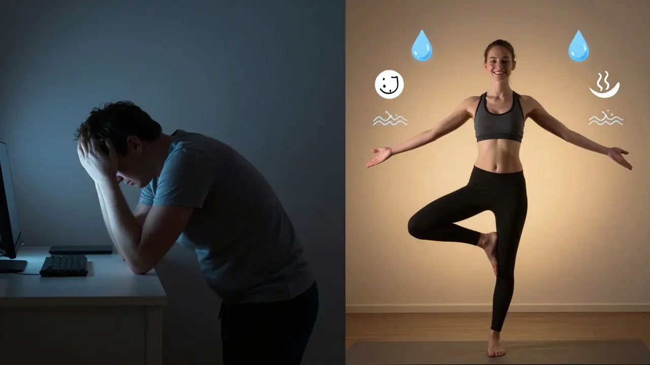 Dvě verze téže osoby: jedna s nafouknutým břichem ve stresu, druhá s tenkým pasem v józe, mezi nimi symboly vody, spánku a dýchání.