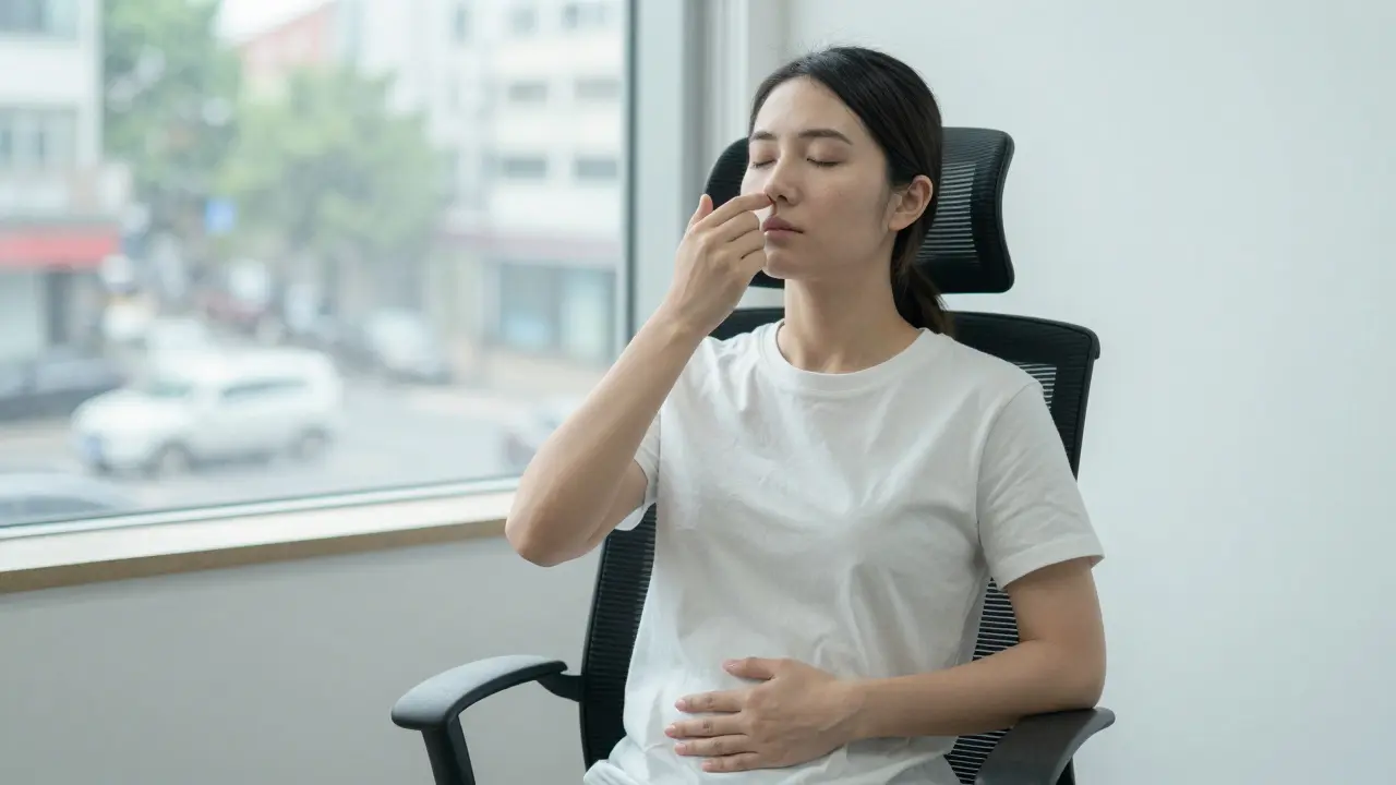 Osoba dýchá střídavě nosem v kanceláři během přestávky.