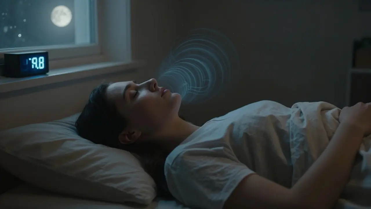 Osoba leží v posteli v noci a dýchá pomalu podle techniky 4-7-8.