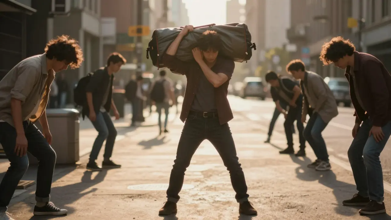 Osoba nese těžkou tašku bez podpory, její postava vyzařuje stabilitu a lehkost.