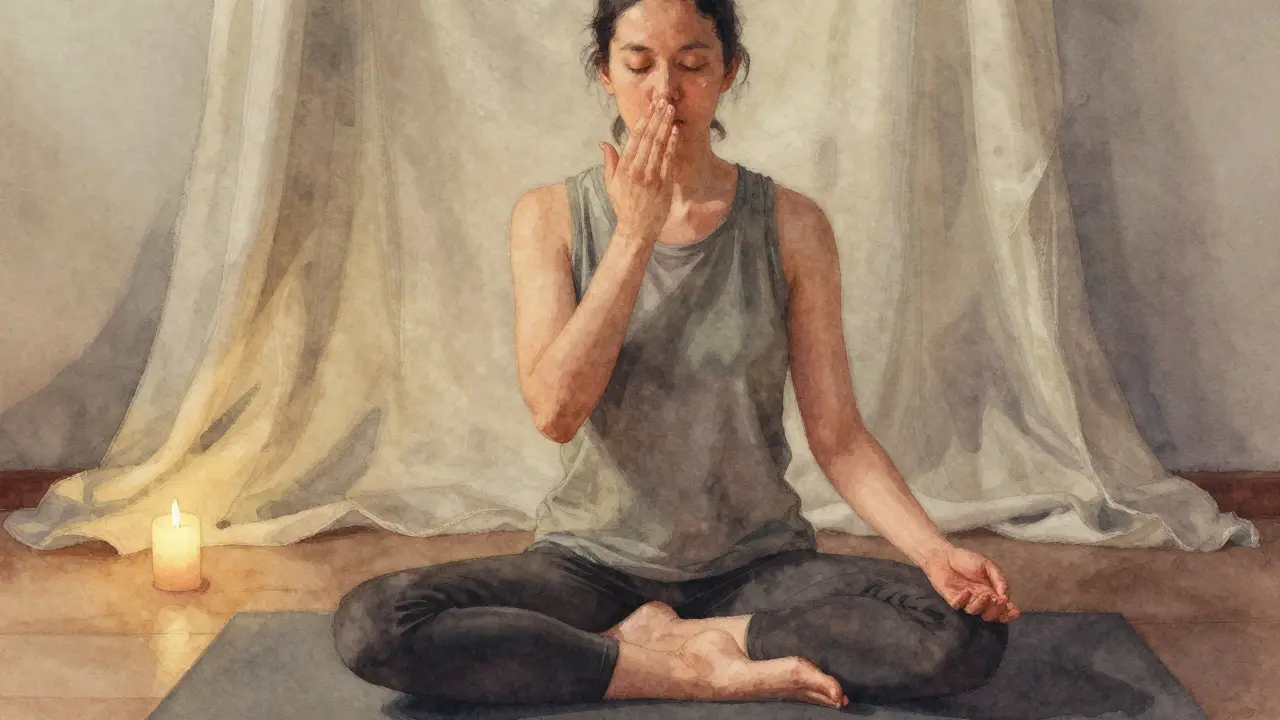 Osoba sedí a dýchá střídavě nosem, klidná a soustředěná.