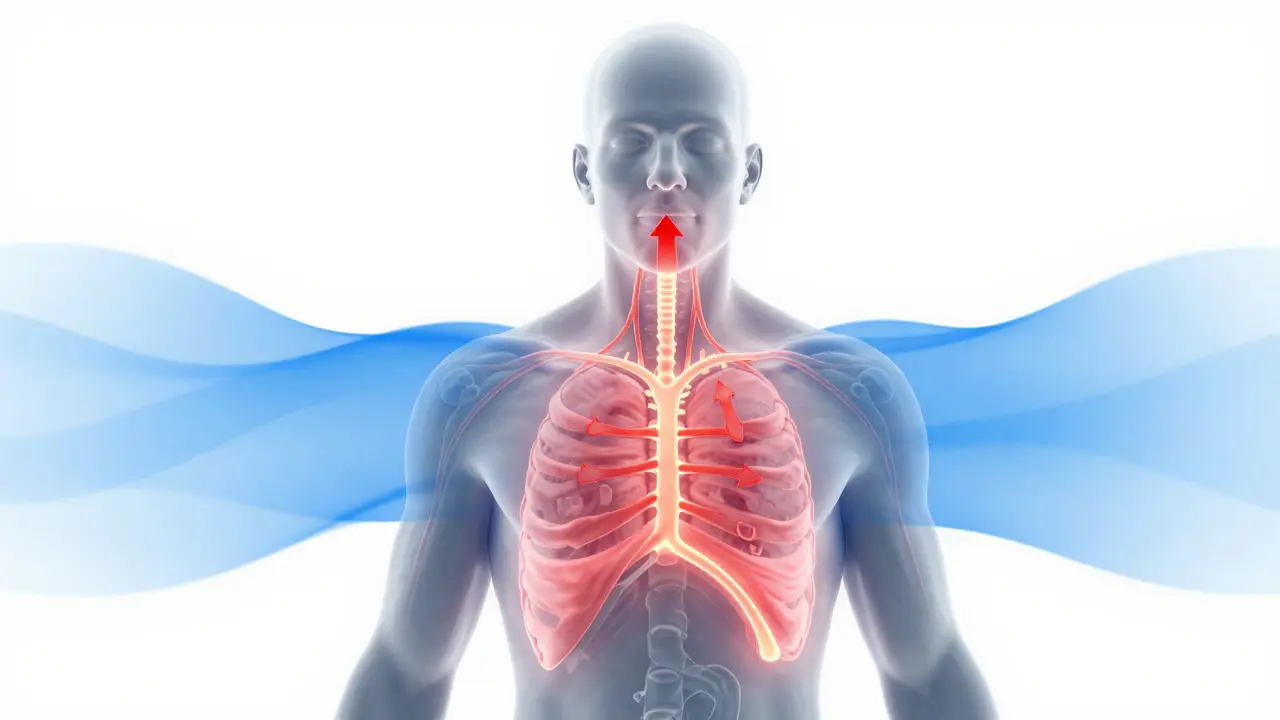 Stylizovaný náčrt těla s viditelnými cestami oxidu uhličitého při klidném dýchání.