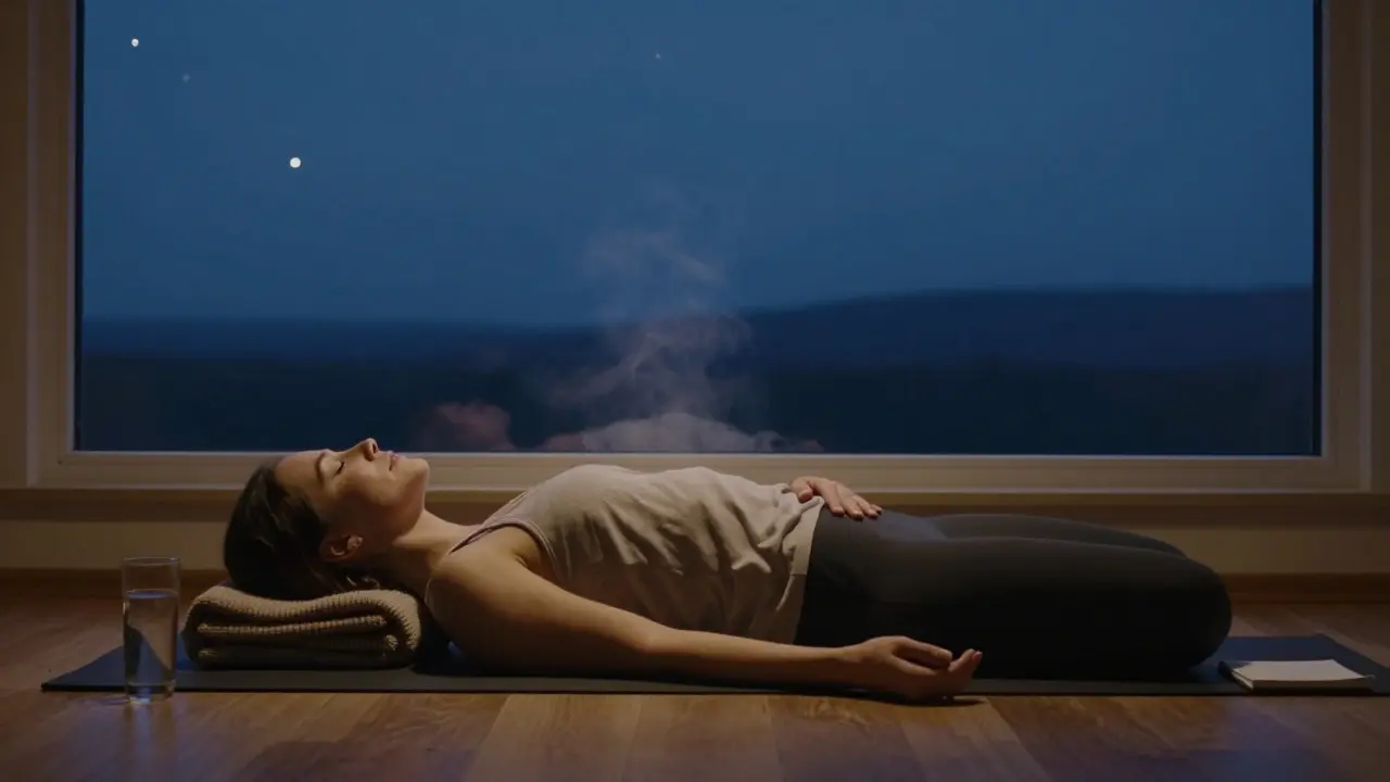 Žena leží v mrtvé poloze ve večerním světle, ruka na břiše, klidná a uvolněná.