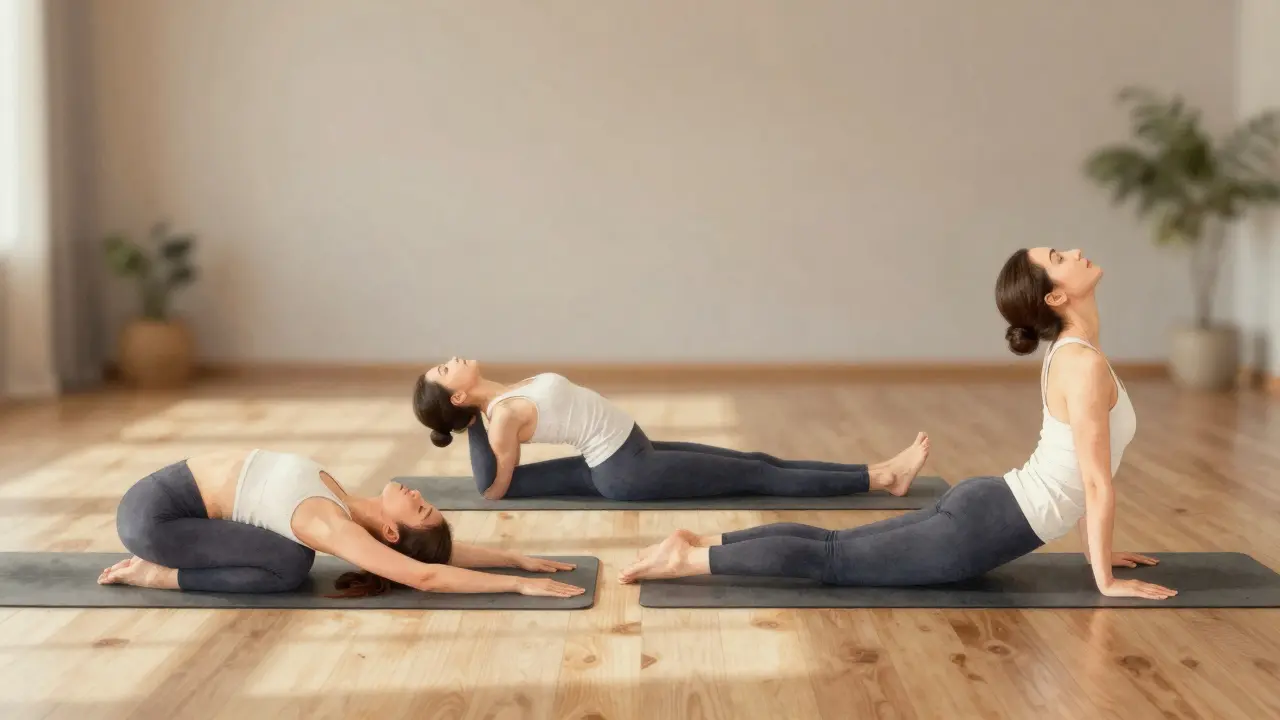 Žena provádí tři jóga pohyby: větrnou polohu, plavání a kobru v klidném prostředí.