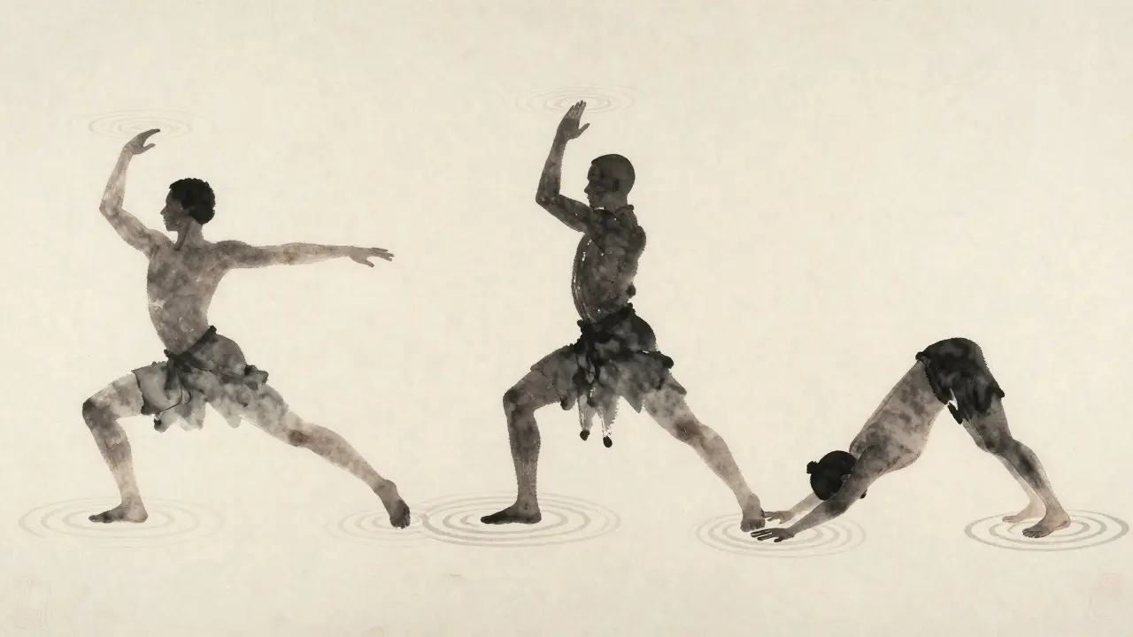 Abstraktní silueta v pohybu, znázorněná vodními šmouhami, symbolizující plynulost a dech v józe.