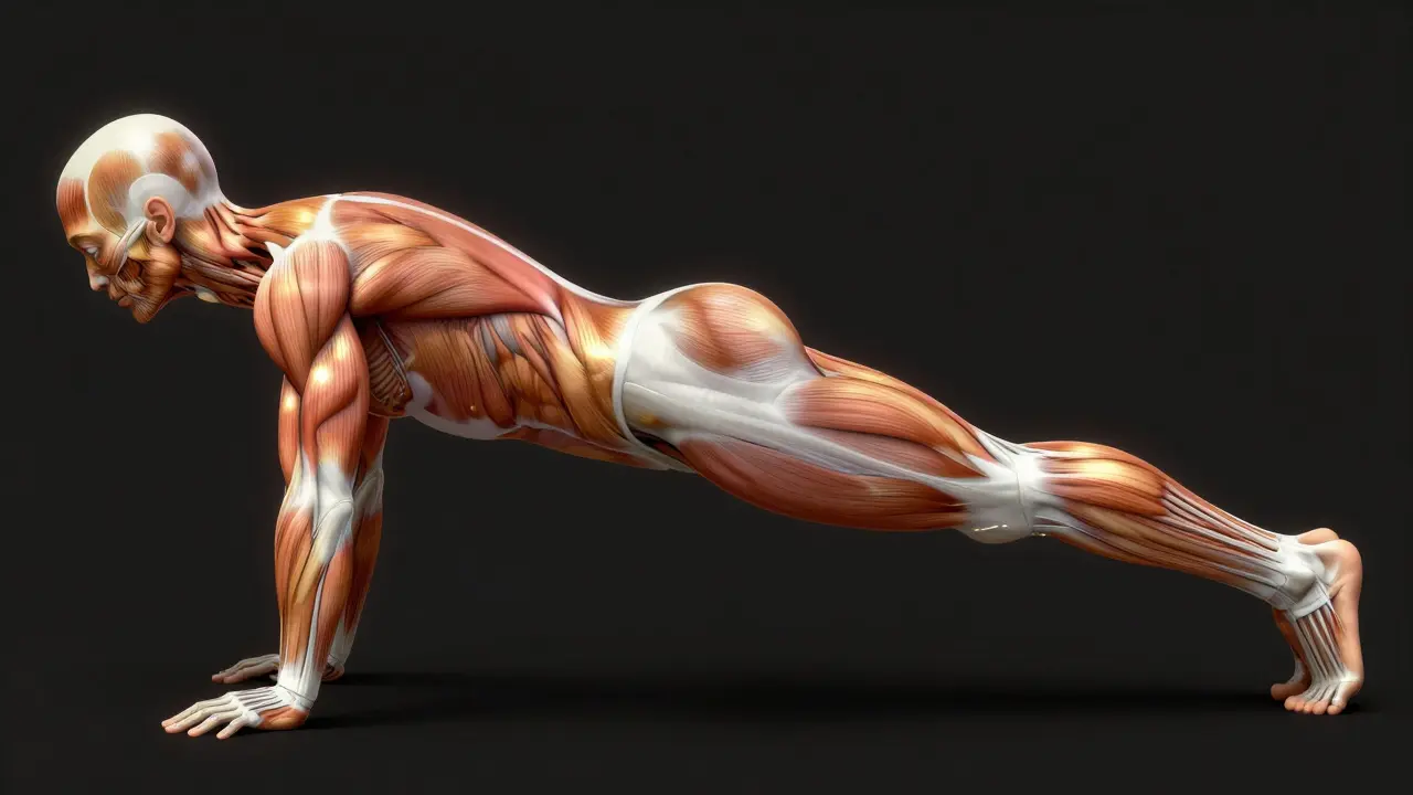 Anatomická ilustrace svalů zapojených při planku, světlé kontury na tmavém pozadí.