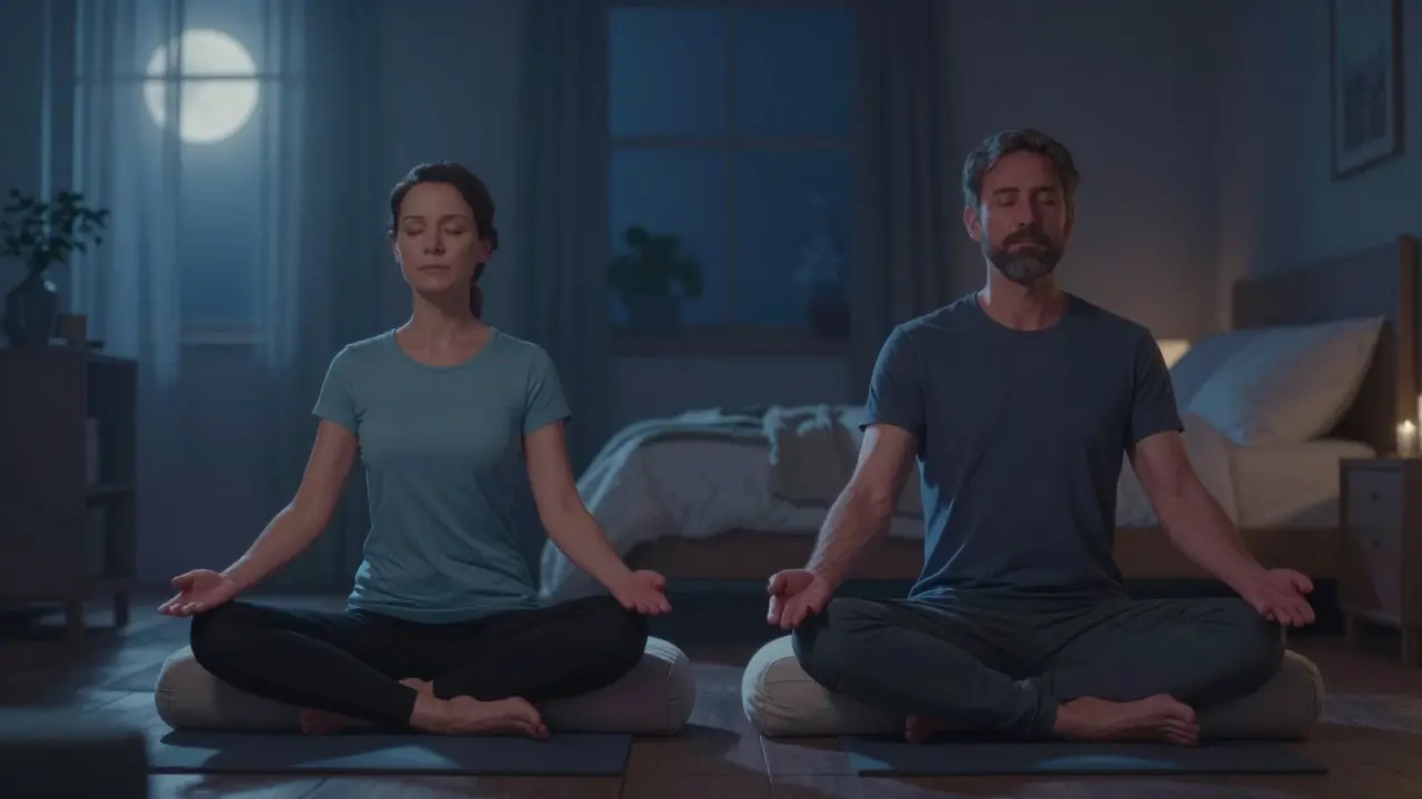 Dva lidé po 45 letech dělají Yin jógu večer v klidné spalně.