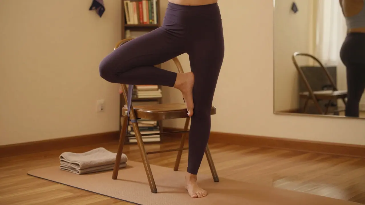 Osoba v postoji stromu používá židličku jako oporu a má podložku pod koleny.