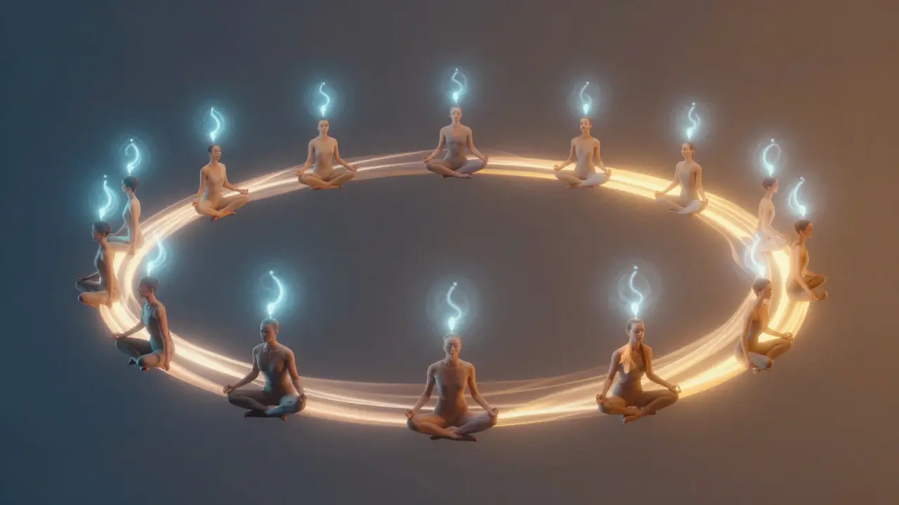 Postava v kruhové sekvenci jóga postav, obklopená symboly dechu, v atmosféře lehkosti a klidu.