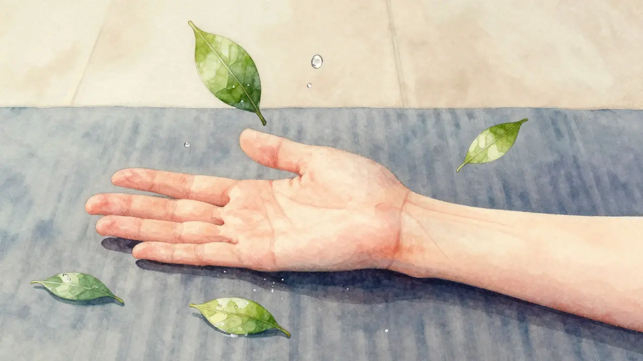 Ruka s jemně patrnými žílami, obklopená vodními kapkami a listy, symbolizující hydrataci a klid.