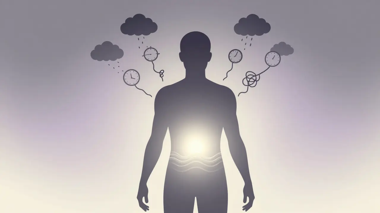 Symbolický obraz těla s klidným světlem v břiše, kde stresové prvky mizí v mlze.